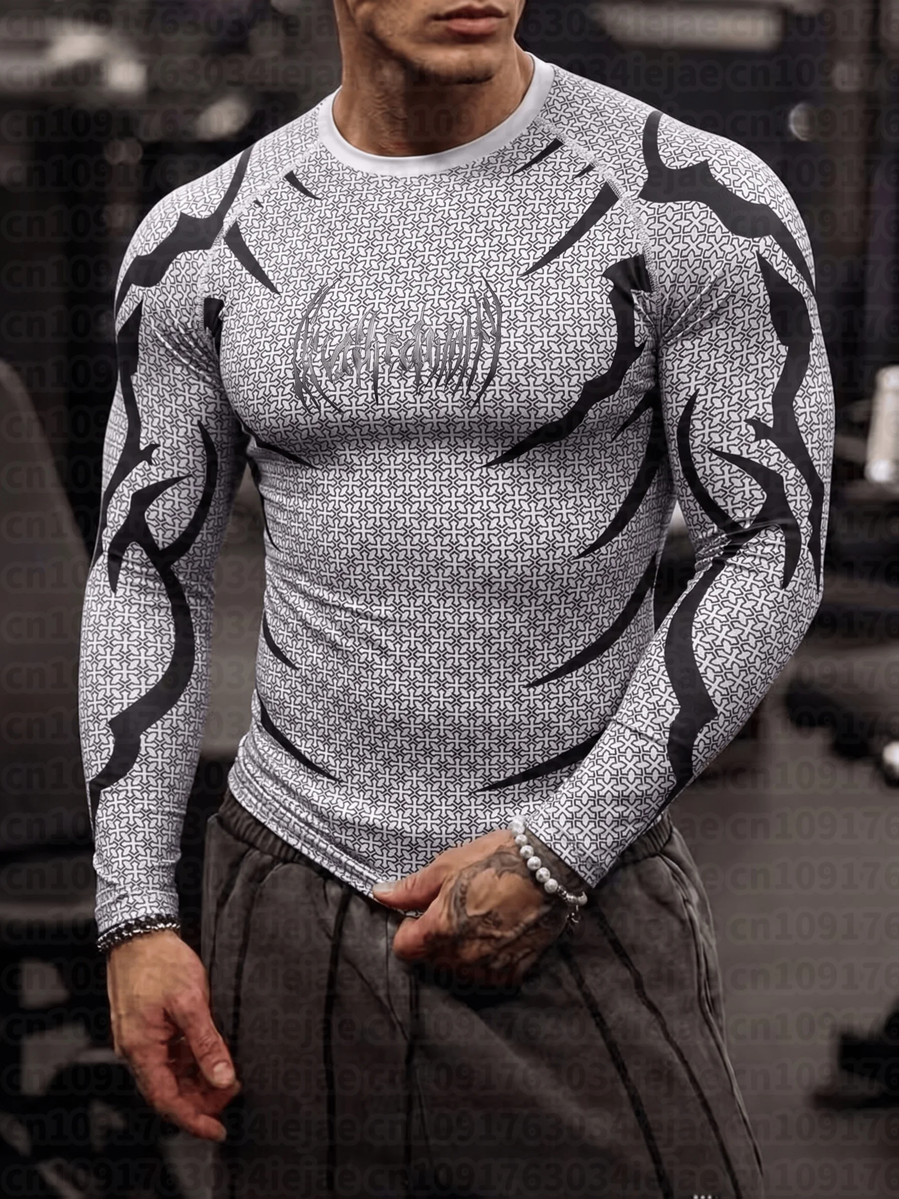 Herren Kinder Mock Neck Fitness Langarm-Oberteil Geometrische Textur Gezackter Gothic-Schriftzug Workout-Training Unterziehshirt – Detail 5