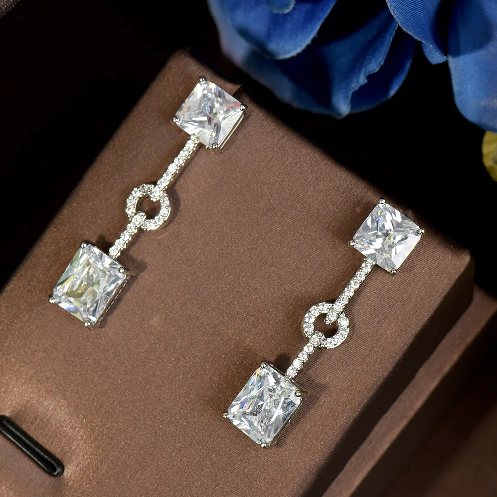 

HIBRIDE Fashion Square Yellow Crystal Cubic Zircon Long Dangle Party Engagement Earrings For Women Bridal Accessories E-655