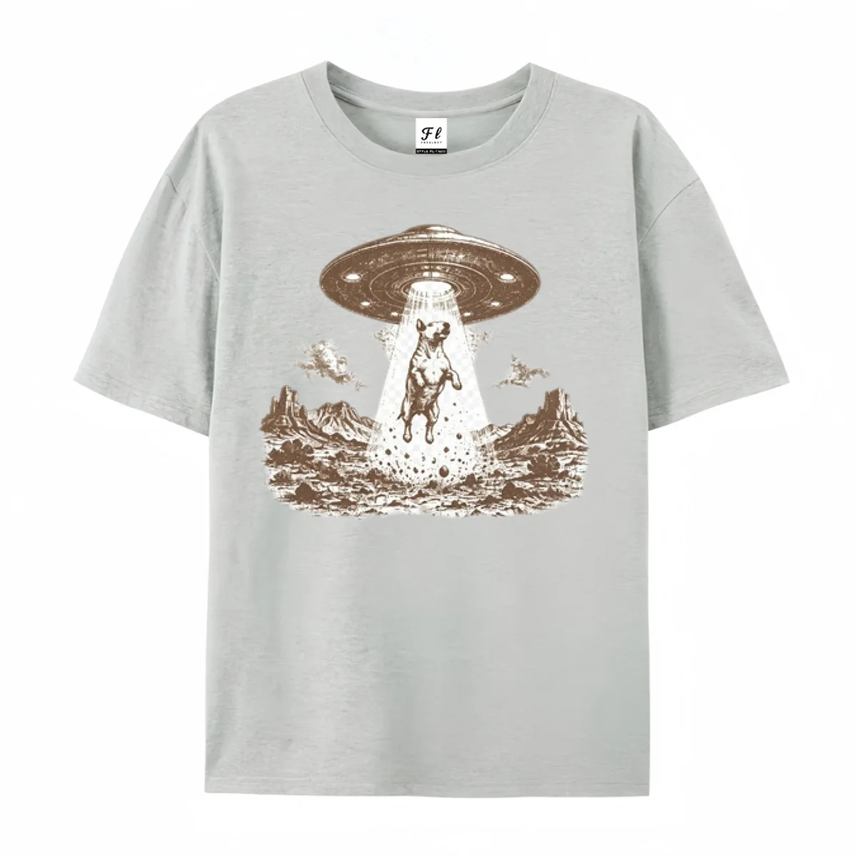 UFO Cow Abduction Graphic T‑Shirt Retro Vintage Etching Print Alien Flying Saucer Western Desert Funny Sci‑Fi Casual Unisex Tees