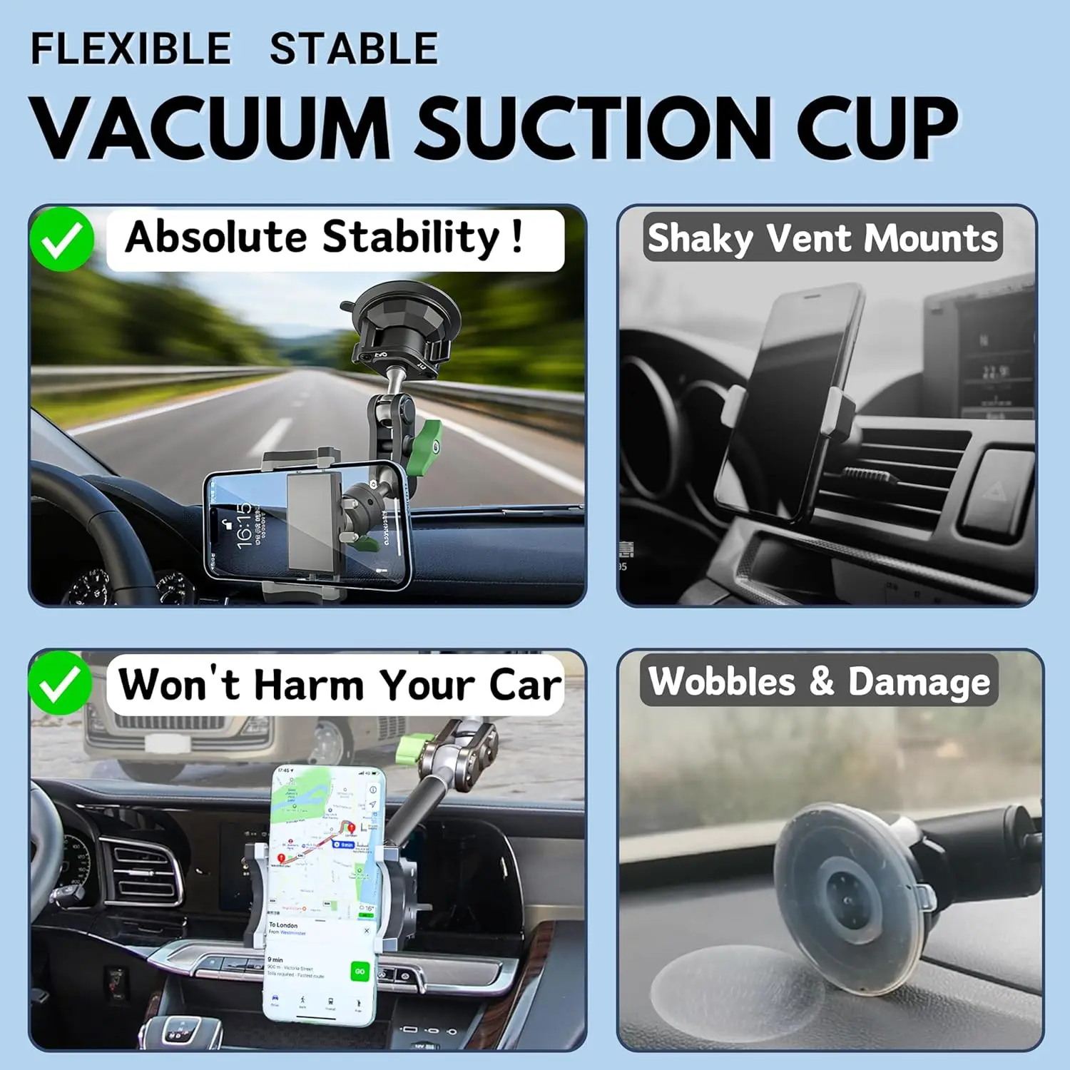 Universal Car Phone Holder with 360° Rotating Arm and Super Stable Suction Cup for All Vehicles