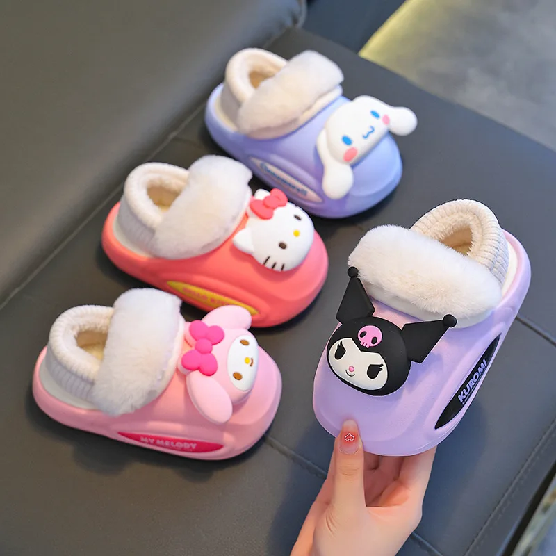 

Sanrio Girl Kuromi Kawaii Fashion Slippers and Shoes Student Winter Anime Cartoon Child Fleece-Lined Cotton Slippers New Style