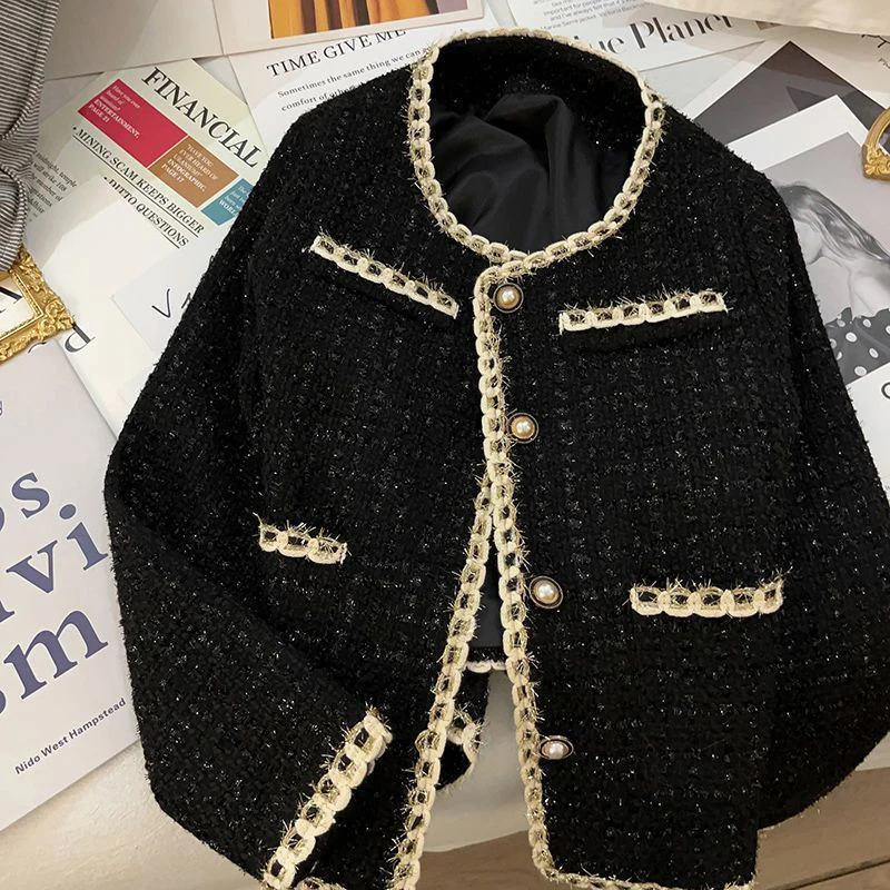 MEXZT Vintage Black Tweed Jacket Women Elegant Cropped Quilted Coat Korean Commute Blazer Winter Ladies Thicken Short Outerwear