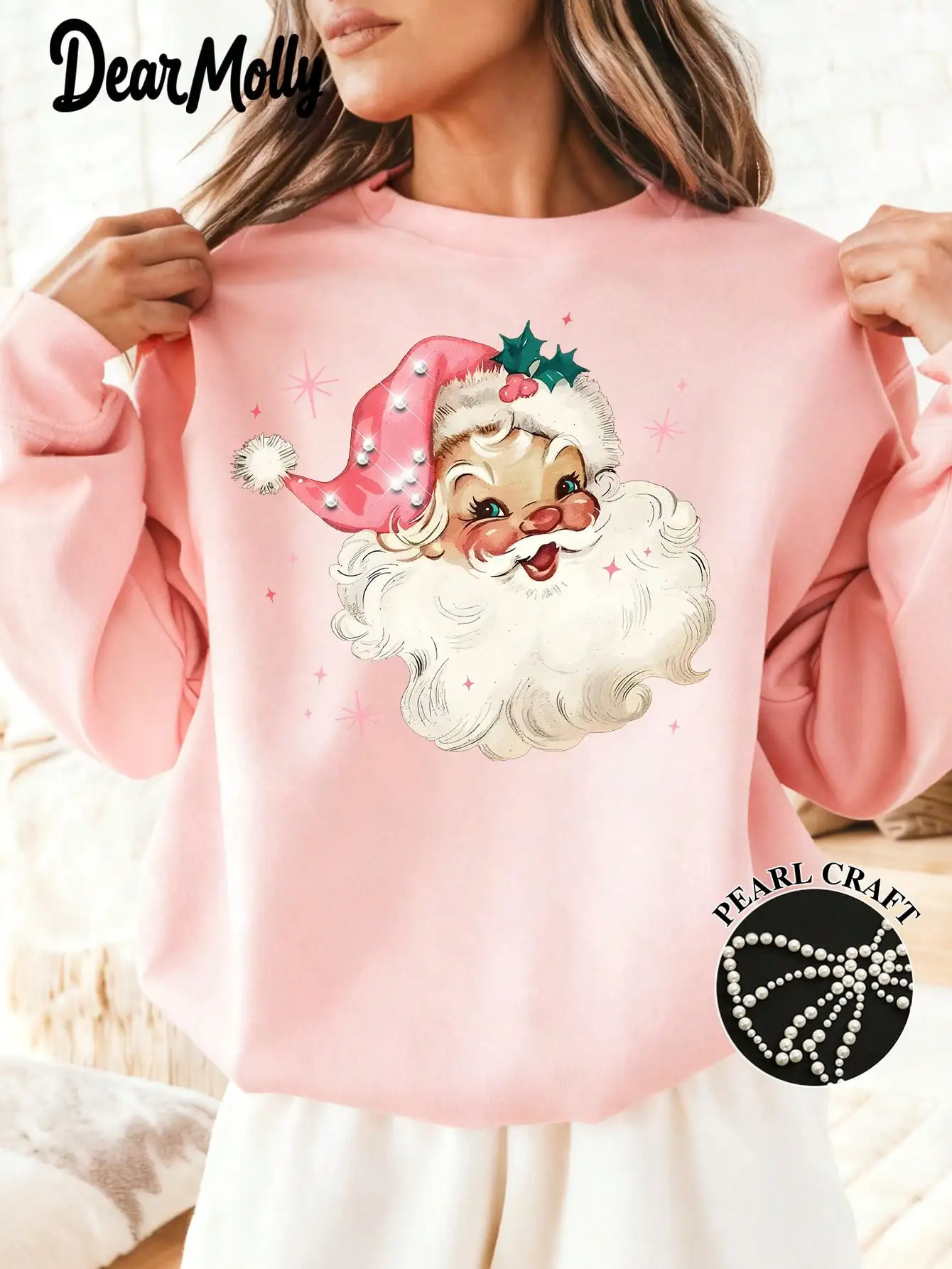 

Dear Molly Women's Pink Santa Pearl Embellished Vintage Christmas Sweatshirt, Crew Neck Holiday Party Top