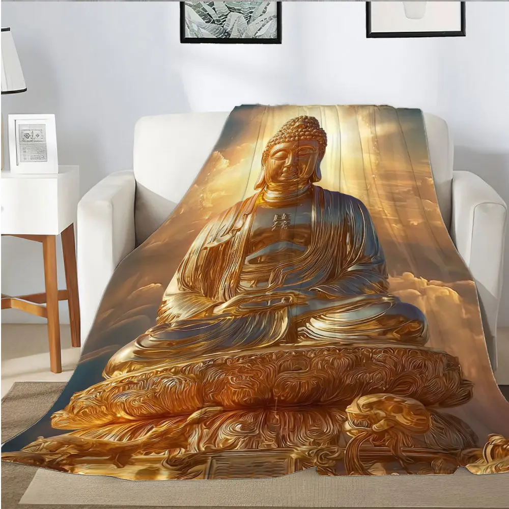 Golden Buddha Statue Theme Flannel printed blanket suitable for all seasons suitable for living room office sofa and travel