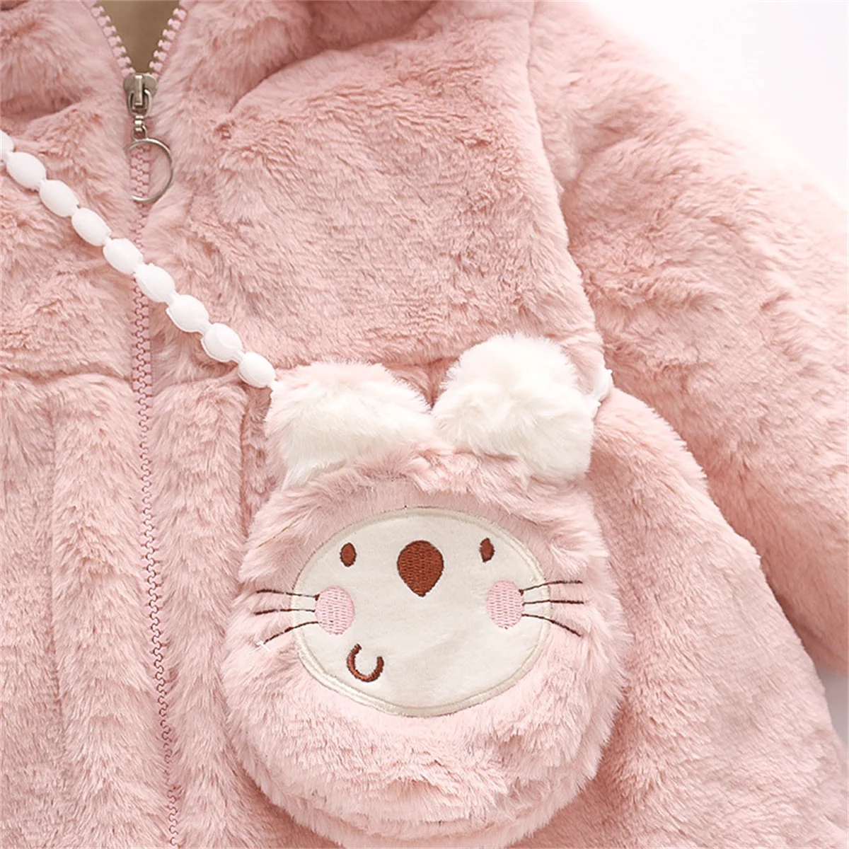 Baby Girl Winter Children\'S Clothing Wool Sweater Jacket Girls\' Solid Color Warm And Cute Daily Jacket+Cartoon Bag 2 Ps