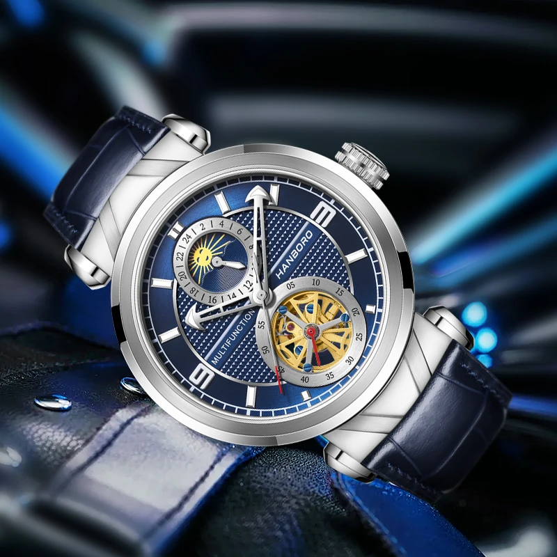 هانبورو ساعة أوتوماتيكية للرجال 43 مللي متر ساعة يد ميكانيكية عتيقة 50 متر مقاومة للماء الياقوت مرآة الجوف خارج الهاتفي