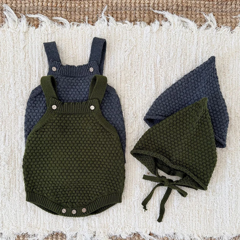ربيع جديد 2026 ملابس الأطفال طفل رضيع الفتيان فتاة محبوك رومبير الرضع طفل بلا أكمام بلون محبوك بذلة + قبعة #2