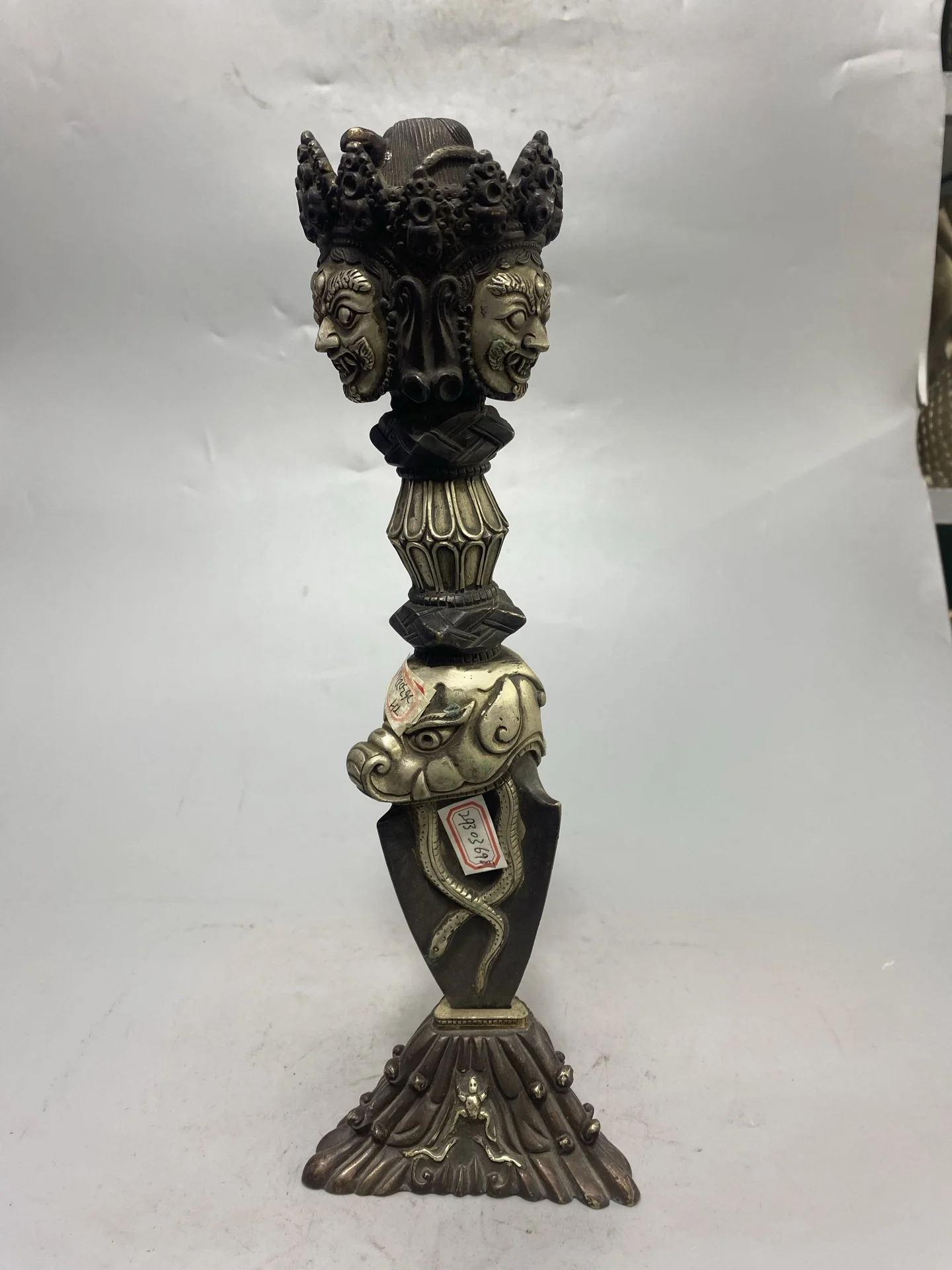Old Bronze Gilded Silver Three Mahakala Buddha Heads Dorje Vajra Phurpa Lotus base Amass wealth Worship Hall Town house
