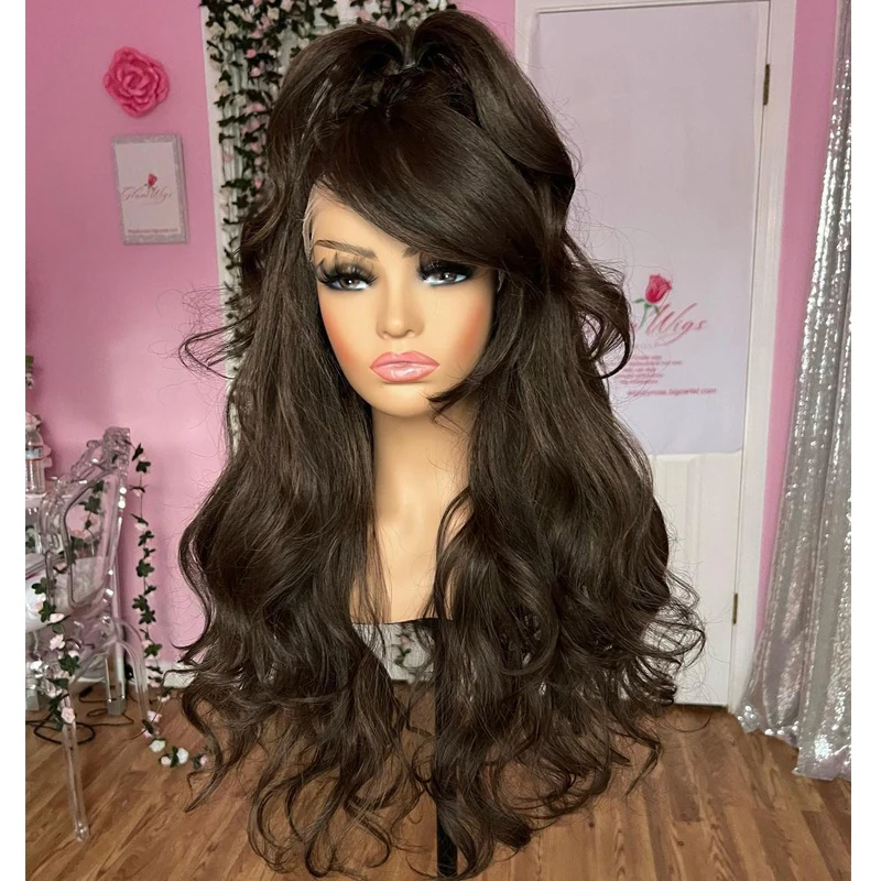 High Ponytail 26Inches Long Wavy Synthetic Lace Front Wigs for Black Women 180Density Glueless Dark Brown Easy Wear Lolita Wigs