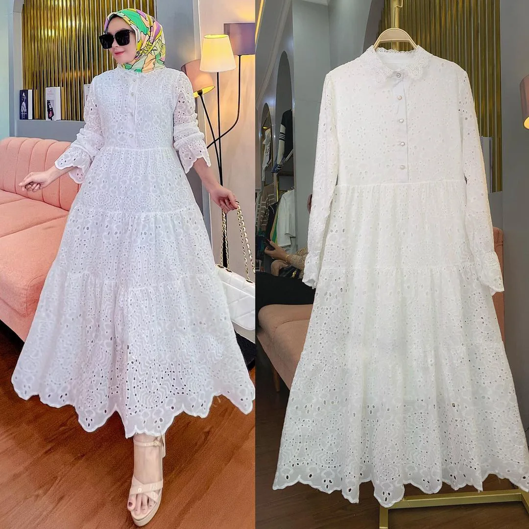 Jalabiya Women Eid Muslim Abayas Embroidered Hollow Lace Dress Turn Down Collar Long Sleeve Robe Solid Women Party Dresses