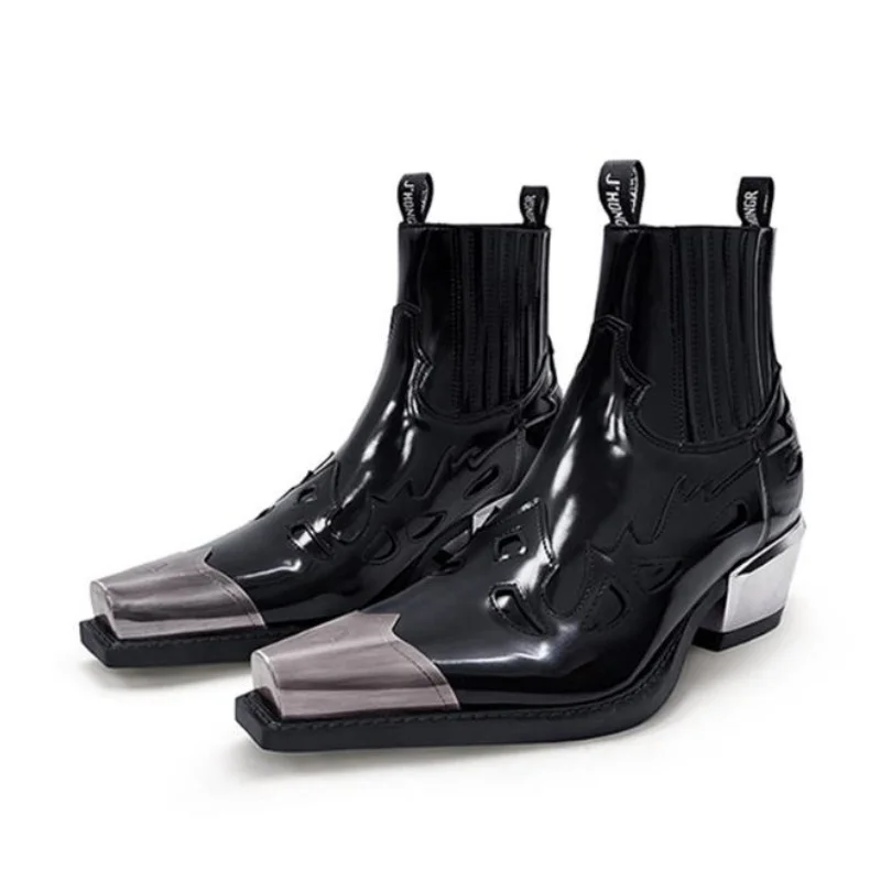 6CM Men Fashion Brand Metal Punk Booties Autumn and Winter New Western Cowboy Men's and Women's Pointed Chelsea Boots 35-45