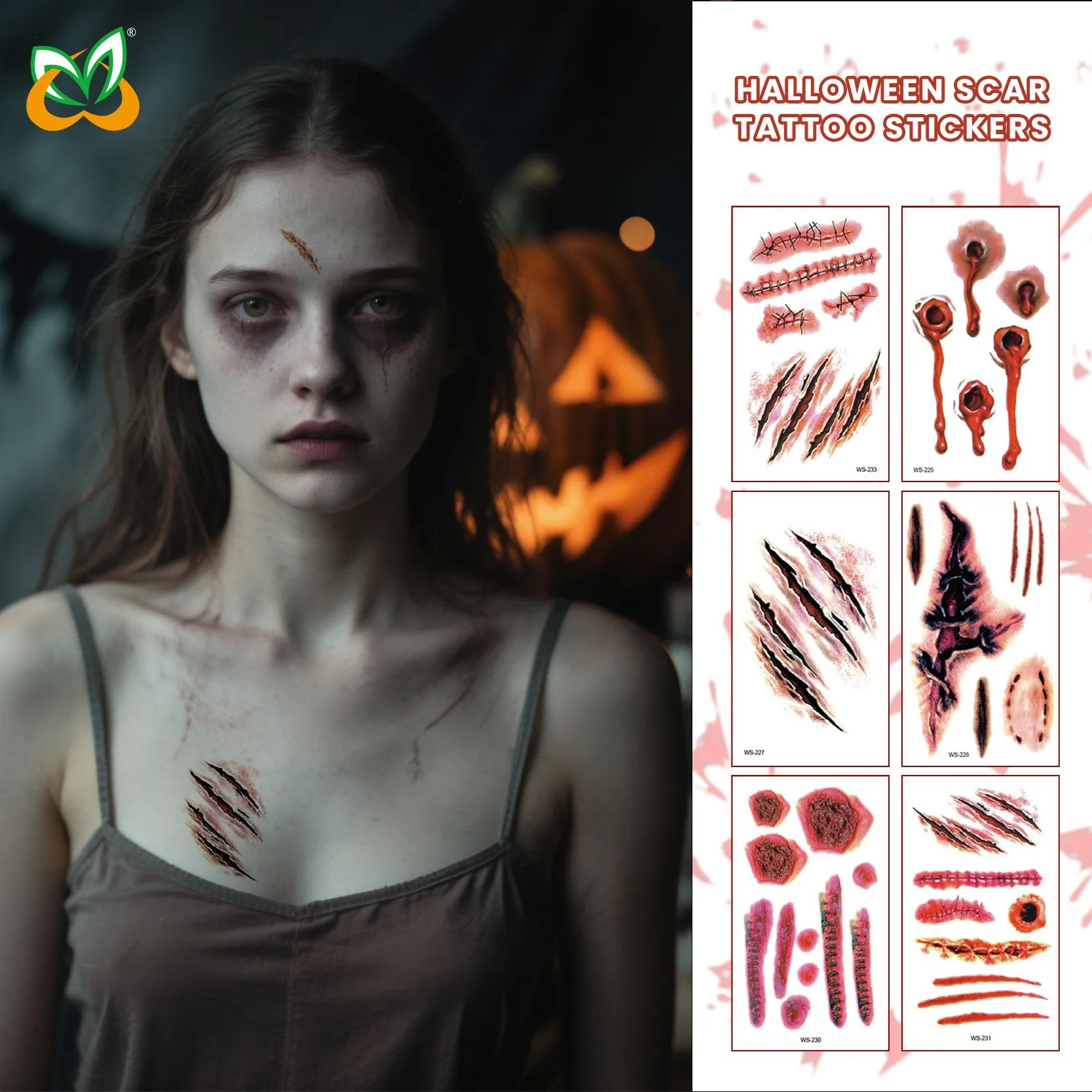 Waterproof Sweatproof Halloween Scary Scar Temporary Tattoos Bloody Wound Knife Cut Stickers For Halloween Party Face Makeup