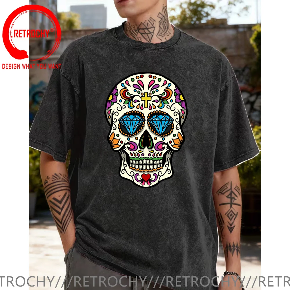 Birthday Gift Man Woman Retro Mexico Vintage Washed Cotton T Shirt Men Classic Mexican Flag Skull Tshirt Casual Basic T-shirt