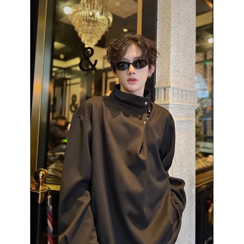Korean Style Spring Autumn New Fashion Men's Solid Color Simple Basic Loose Casual Trendy Daily Pullover Shirts Male Clothes Top