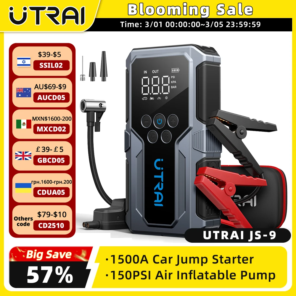 UTRAI 1500A Car Jump Starter Power Bank Portable 150PSI Air Pump Car Battery Emergency Boosters Starting Device Car Starter 2024