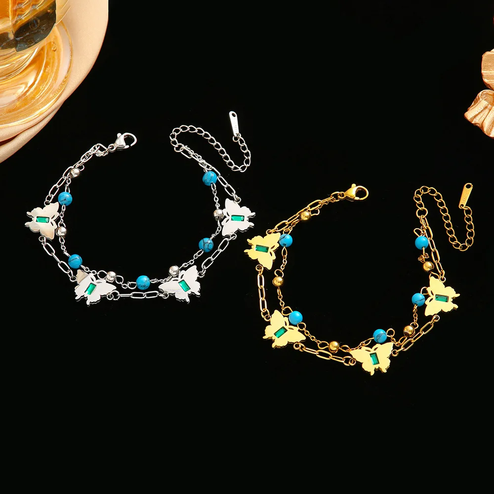 

Blue turquoise butterfly accessory, beach-style bracelet, double-layer stainless steel chain with European and American fashion