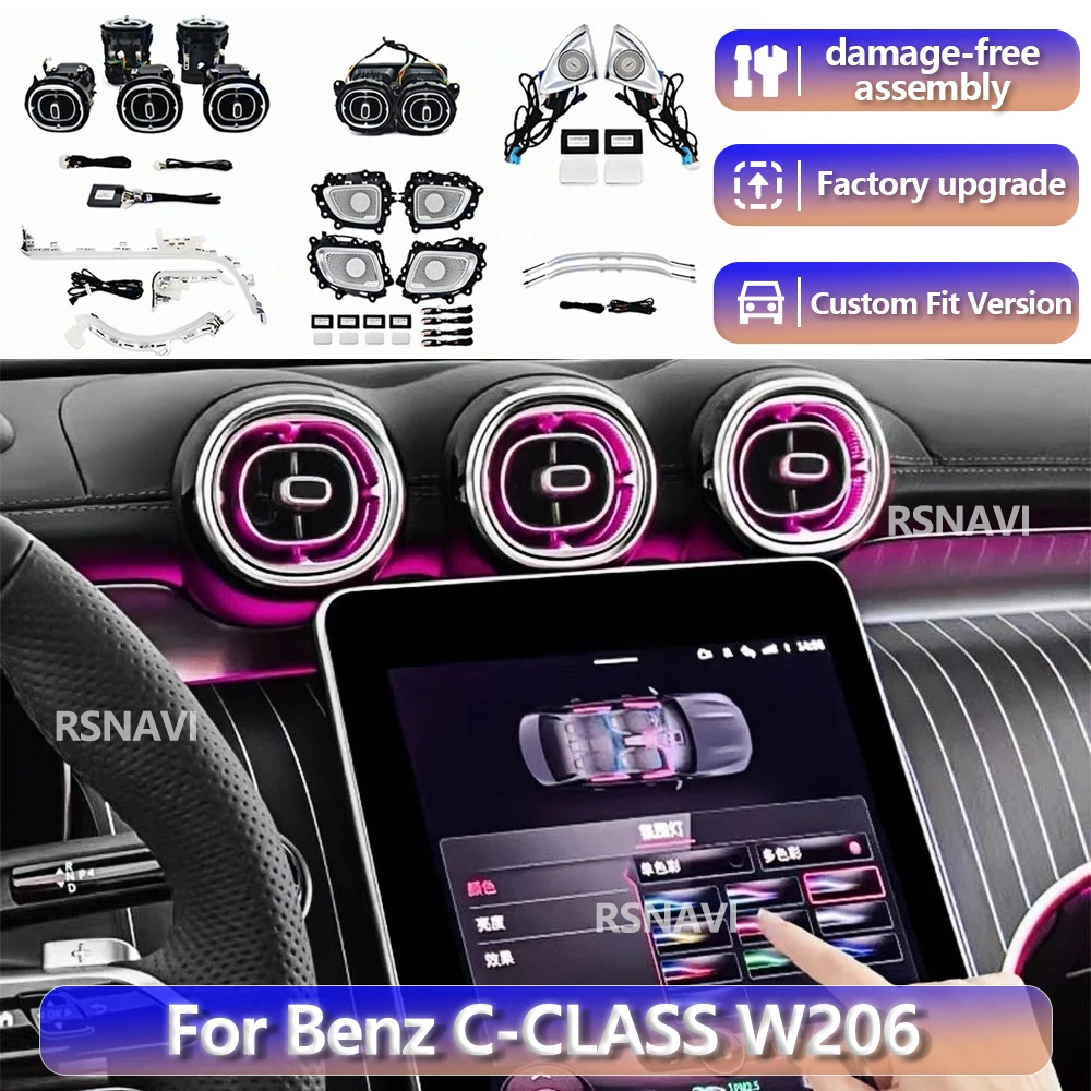 

RGB-подсветка для Mercedes-Benz W206 C-класса 2021+ с 64 цветами, 4D-вращающиеся динамики, активная подсветка салона