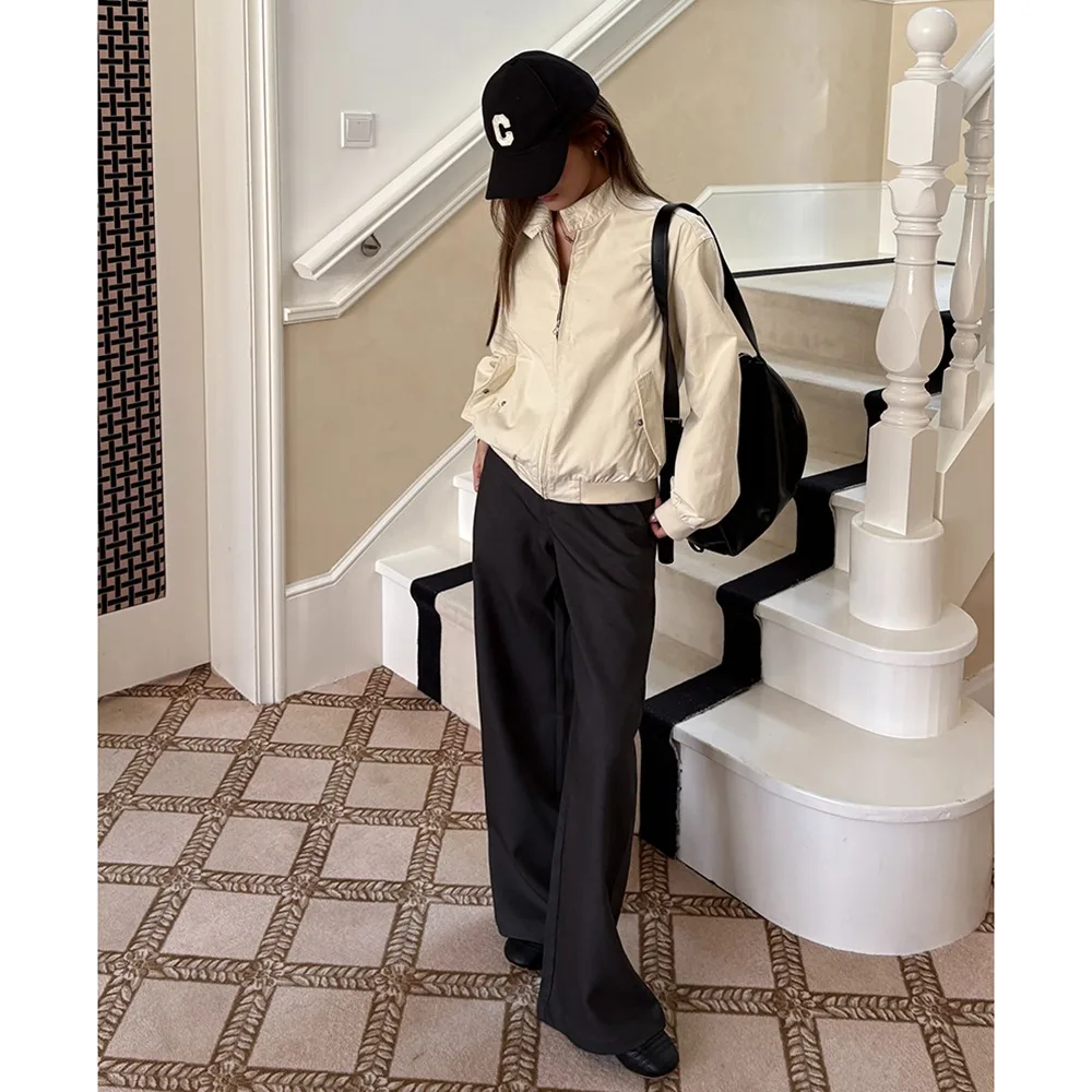 Ciemnoszare spodnie garniturowe z szerokimi nogawkami damskie jesienno-zimowe nowy styl drapowane niskie w pasie proste spodnie codzienne uniwersalne długie spodnie 2025