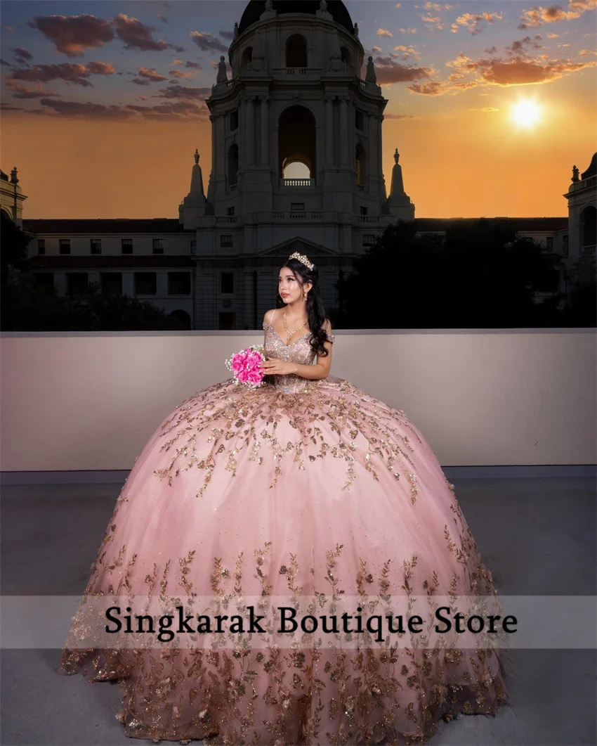 Glitzer rosa Mexi Perlen Kristall Quincenara Kleider 2024 Ballkleid Blumen Applikationen süß 15 Vestidos de XV Años