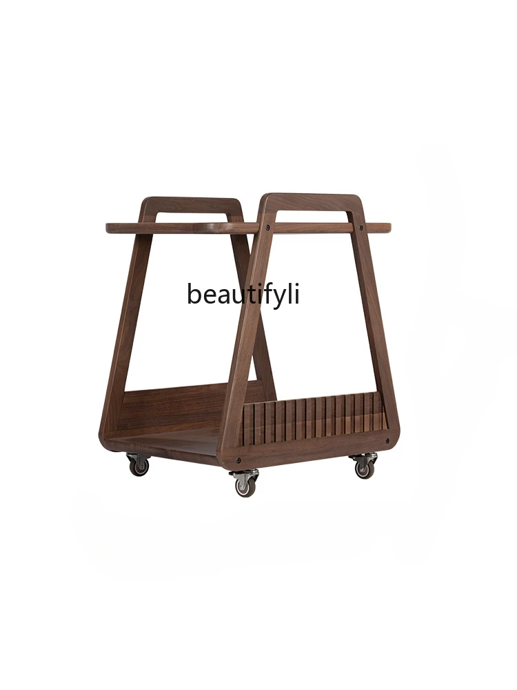 

Solid Wood Sofa Side Table Movable Tea Table with Wheels Black Walnut Living Room Trolley