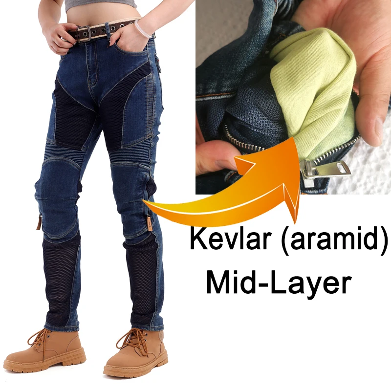 Celana Jeans Motor Kevlar Wanita Musim Panas Biru Celana Motor Trail Tahan Gesekan Anti Angin Celana Berkendara