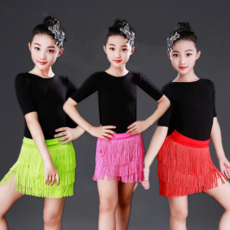 Girls Children Ballroom Tassels Fringe Latin Skirt Costume Practice Wear Cha Cha Rumba Samba Tango Performance Dancewear