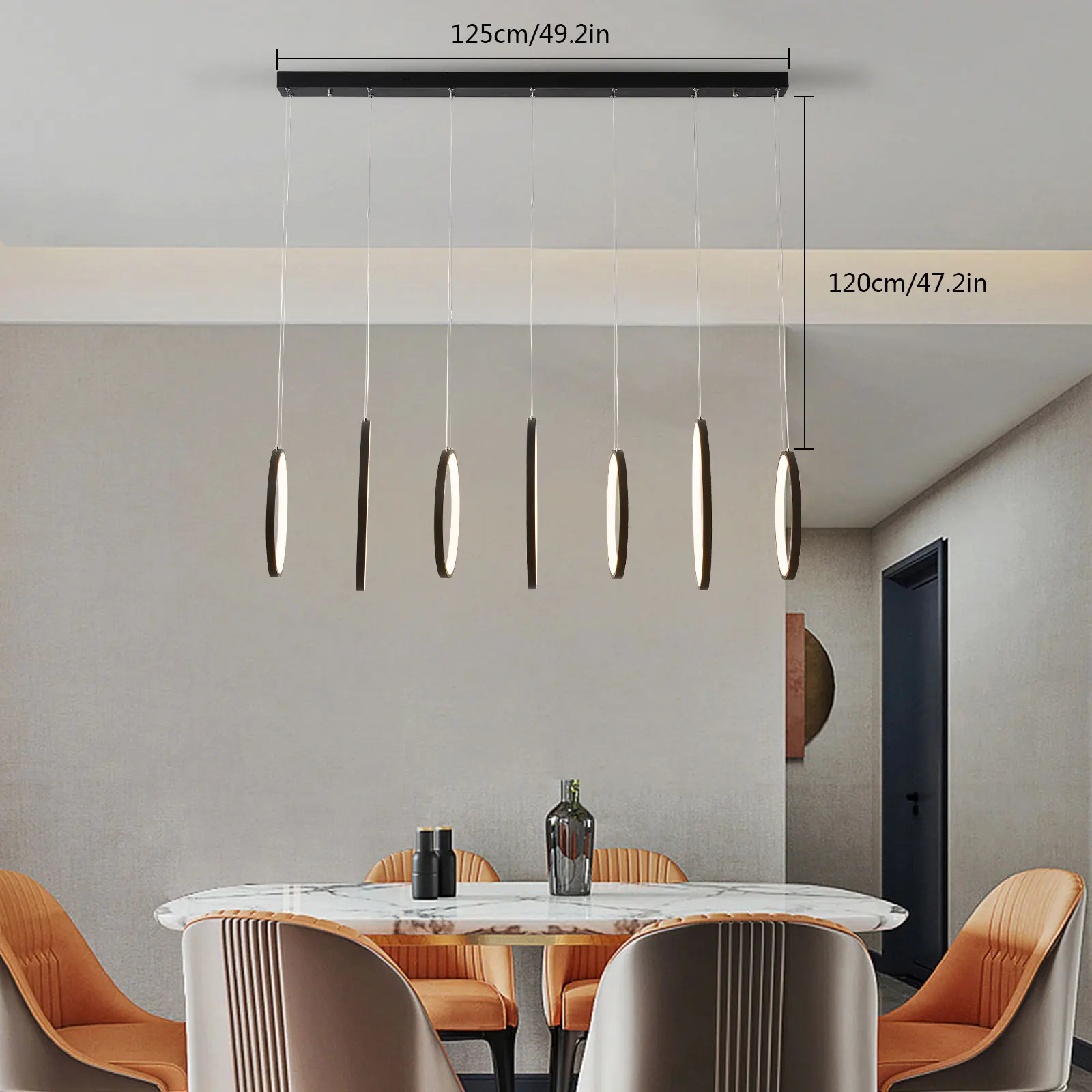 Pendant Lights with Adjustable Chain, Three Light Colors, 7 LED Rings, and Memory Function for Versatile Lighting in Modern