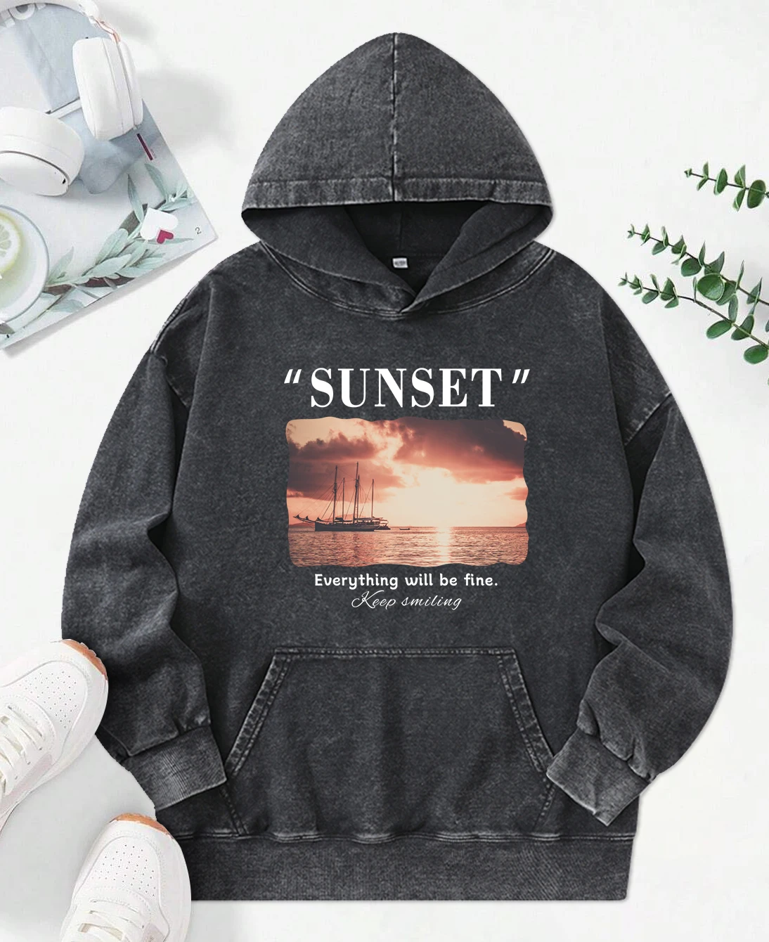 Beautiful Seaside Scenery Printing Women Washed Hoodie Hip Hop Oversized Streetwear Comfortable Soft Hoody Cotton Streetwear