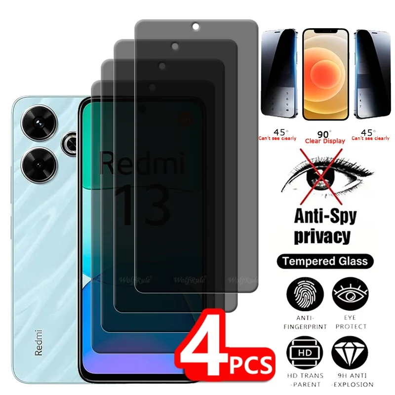 4Pcs For Redmi 13 Glass Xiaomi Redmi 13 Tempered Glass 9H Anti-Spy Cover Glue Privacy Screen Protector Redmi 13 Redmi13 4G 6.79