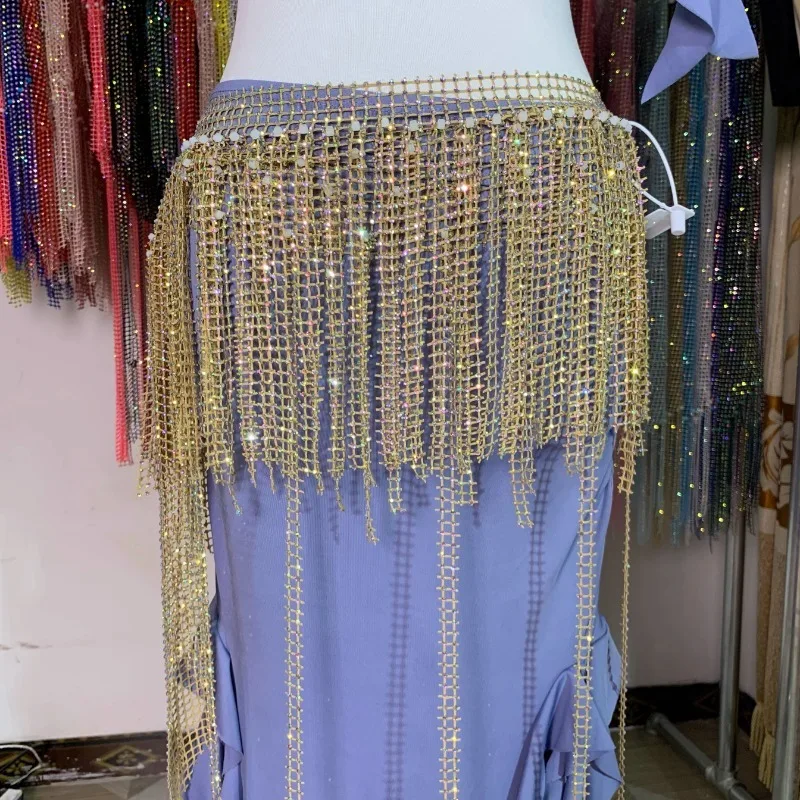 Pañuelo de cintura personalizado para danza del vientre, cadena de cintura con borlas, cinturón con diamantes incrustados, disfraz de danza del vientre, disfraces para adultos, ropa de baile para mujer