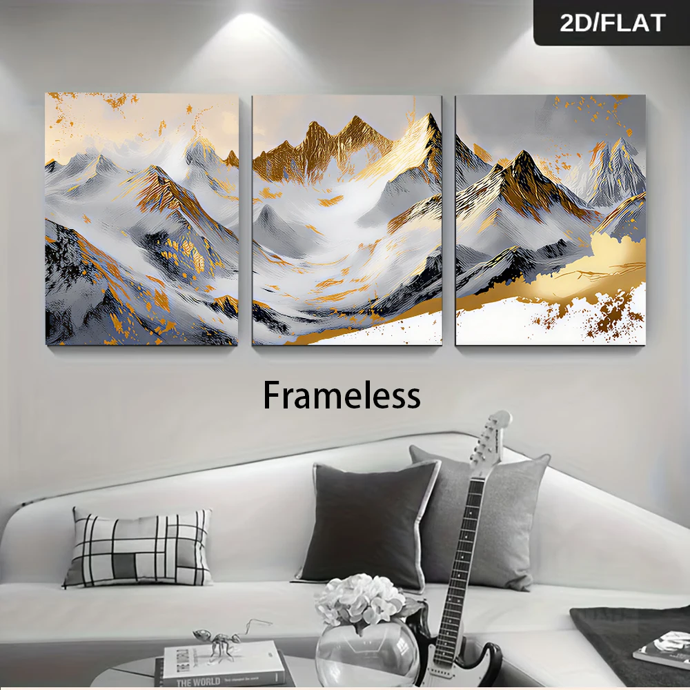 3PCS Large-sized frameless canvas paintings,1 set of three-panel frameless decorative paintings, Golden Mountains Abstract Art,