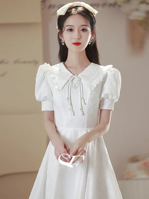 

Ele White Bridal Dr Korean Sle Pearl Embellied Fitted Evening Gown for Engagement Registration And Wedding Ceremony