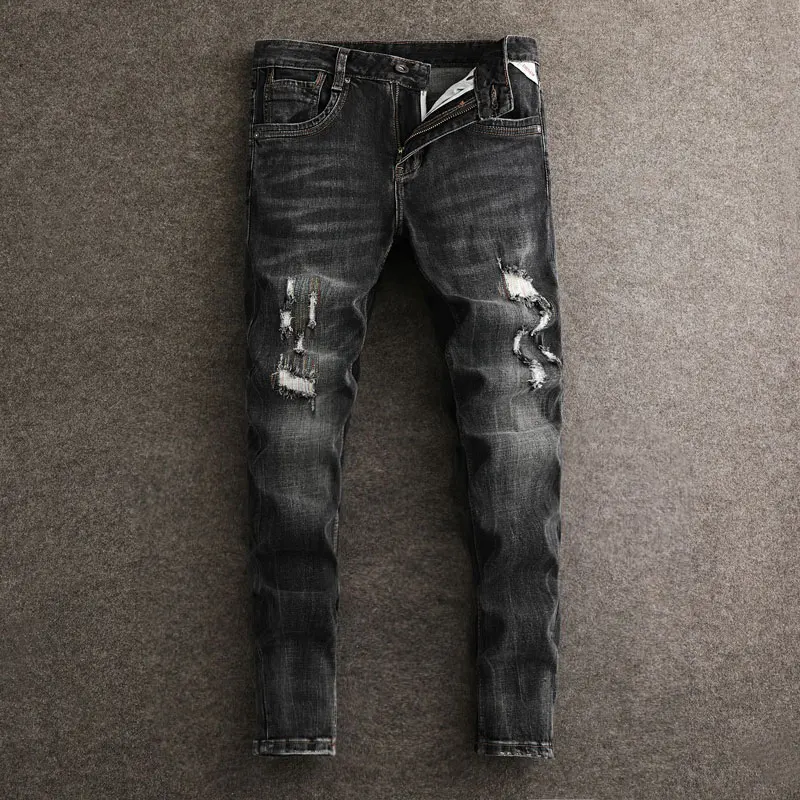 

Fashion Designer Men Jeans High Quality Retro Black Gray Stretch Slim Ripped Jeans Men Embroidery Patched Designer Denim Pants