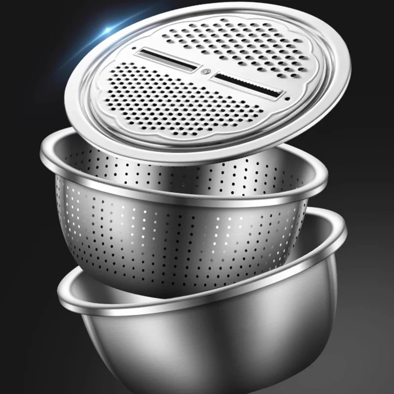 

Extra Thick Stainless Steel Basin Household Vegetable Washing Basin Facial Basin High-quality Food Grade Three Piece Set
