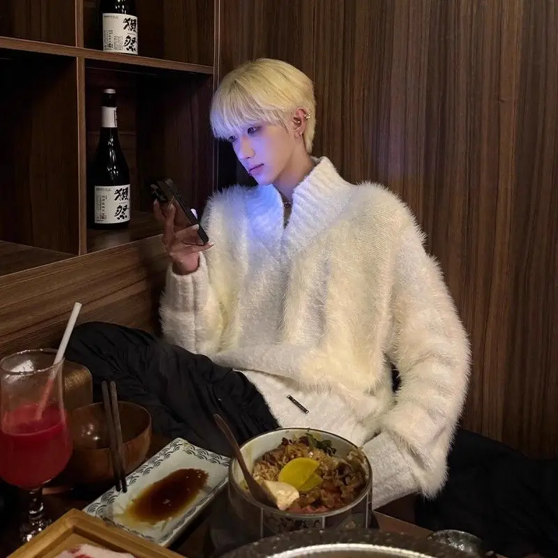 플러시 하이 칼라 남성 니트웨어 겨울 레이지 스타일 프리미엄 느낌 브이넥 울 블렌드 코튼 베이스 레이어 화이트 스웨터