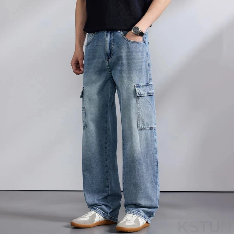 2026 Men's Wide-leg Jeans Cargo Pants Loose Straight Denim Pants Patchwork Multi-pockets Moto&Biker Male Streetwear Jeans