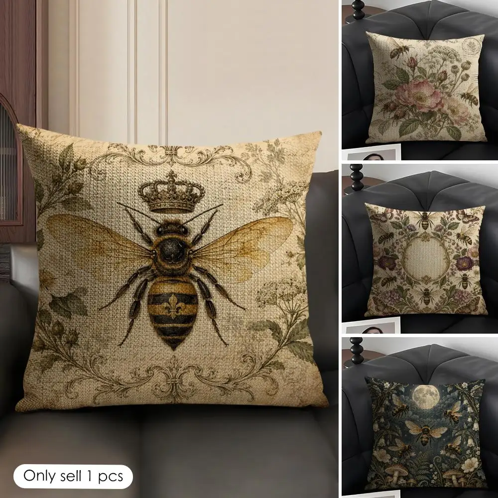 Vintage Style Queen Bee Cushion Cover Skin-Friendly Organic Linen Pillow Cover Durable Hypoallergenic Washable Soft