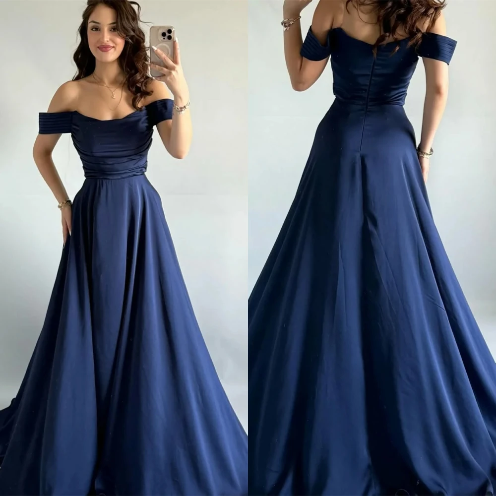 

Customized Simple Blue Satin Evening Dress Formal Boat Neck Off the Shoulder Party Dress Classic A-Line Zipper Back Prom Dress