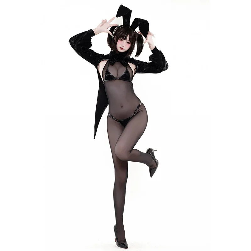 

Shiny Leather Bunny Costume: Tuxedo Tailcoat Bodysuit with Headband | Halloween Roleplay Set