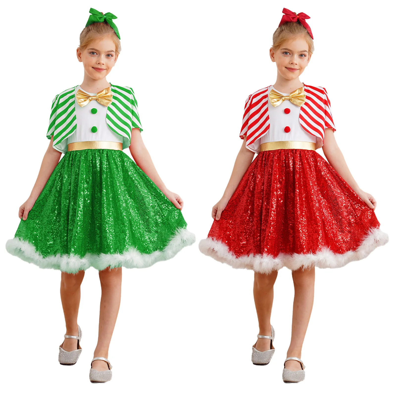 Bambini Ragazze 2 pezzi Vestito da ballo di Natale Paillettes Abito da elfo di Natale con gilet aperto sul davanti a righe Set Costume da Babbo Natale con bastoncino di zucchero