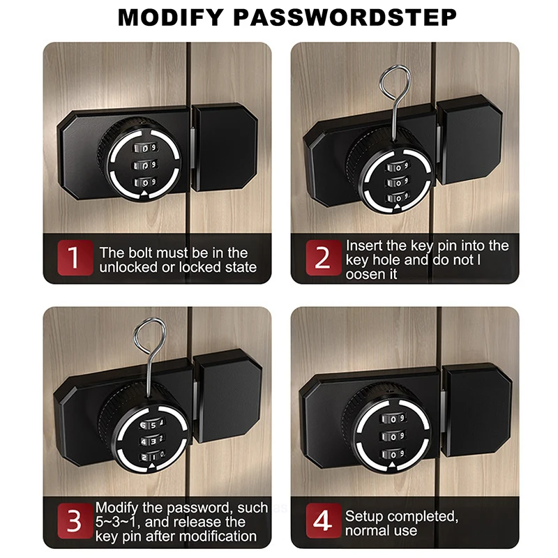 1 ชุดล็อคประตูแบบไม่มีการเจาะ 3 หลักรหัสผ่านล็อคตู้พร้อมสลักแบบรวมสำหรับประตูตู้เสื้อผ้า