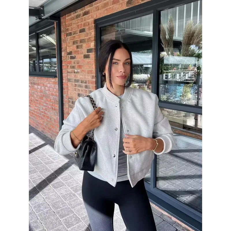 Soft Fabric Cropped Bomber Jacket Ribbed Collar Cuff Hem Snap Button Oversized Loose Women Light Woolen Flight Outer Coat 260602