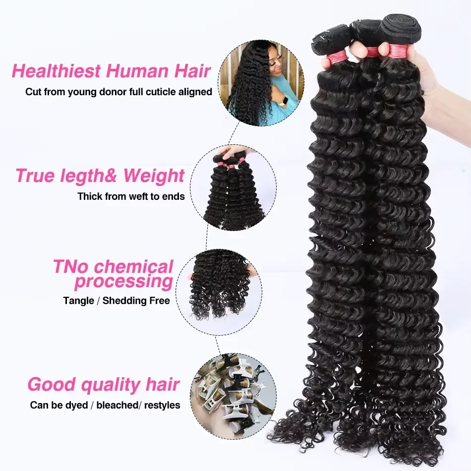 30 32 36 40 Inch Deep Wave Human Hair Bundles Brazilian Remy Unprocessed Weaving Curly Hair Bundles Weave Extensions Deals