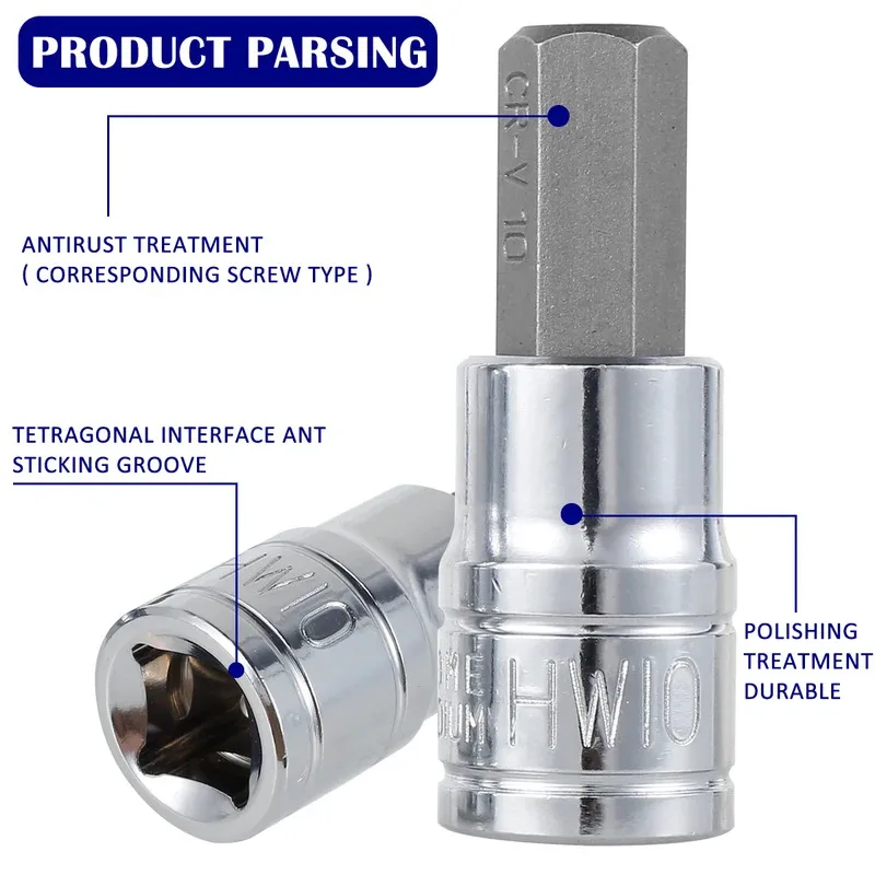 9/10Pcs Hex Socket Set Sturdy H e x Key Socket Professional3/8inch Drive Drill Bit Metric Tool Set Durable Impact Socket Set