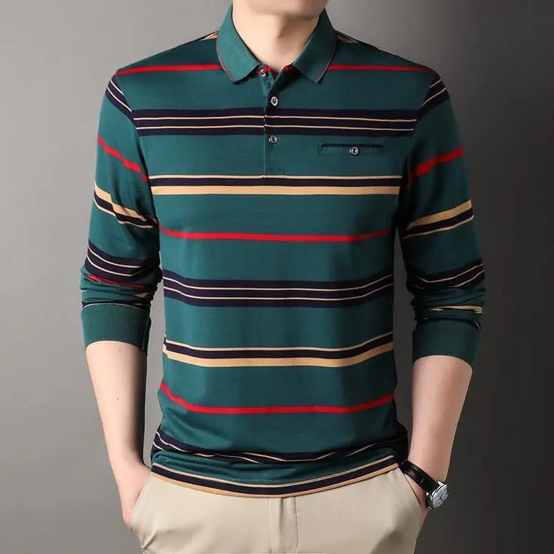 Striped Long Sleeve Polo Shirt for Men Loose Casual Collar Style Perfect for Dad Middle Aged Autumn Season Fashion