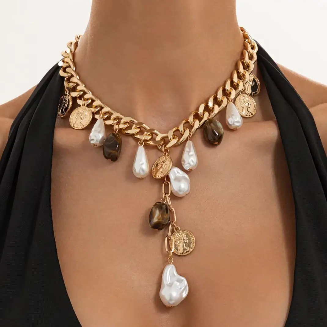 SHIXIN Vintage Irregular Baroque Imitation Pearl Coin Pendant Necklace Women Punk HipHop Statement Tassel Clavicle Chain Jewelry