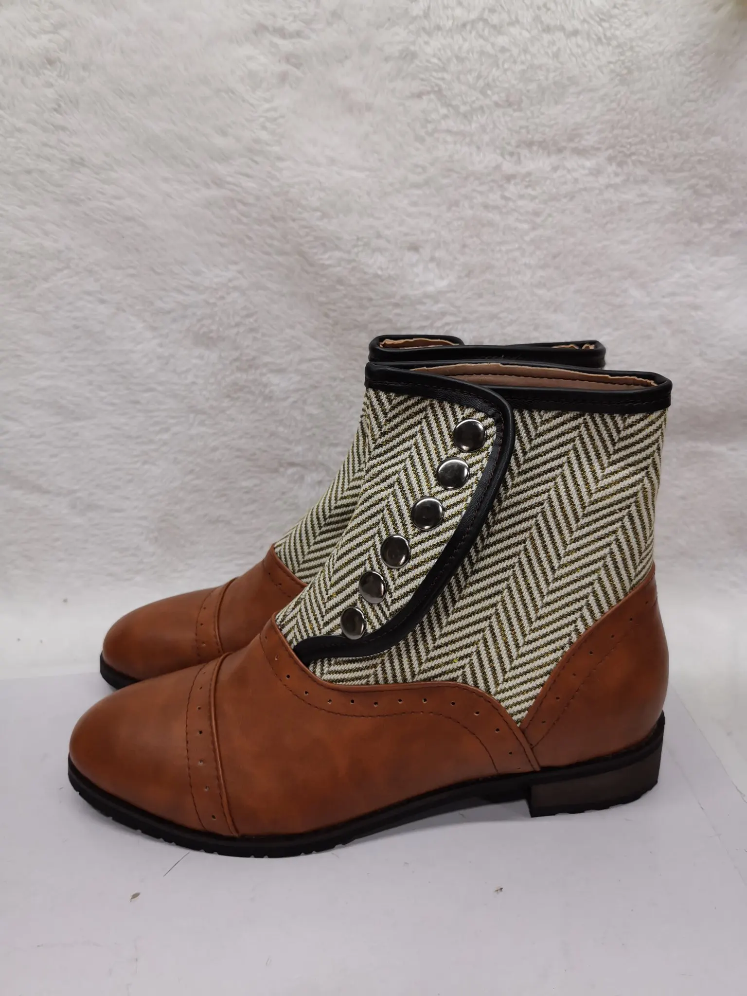 Big Size 48 Men Fashion Burgundy Black Gray Brown Leather Patchwork Round Toe Buttons High Top Flat Ankle Boots Male Short Boots