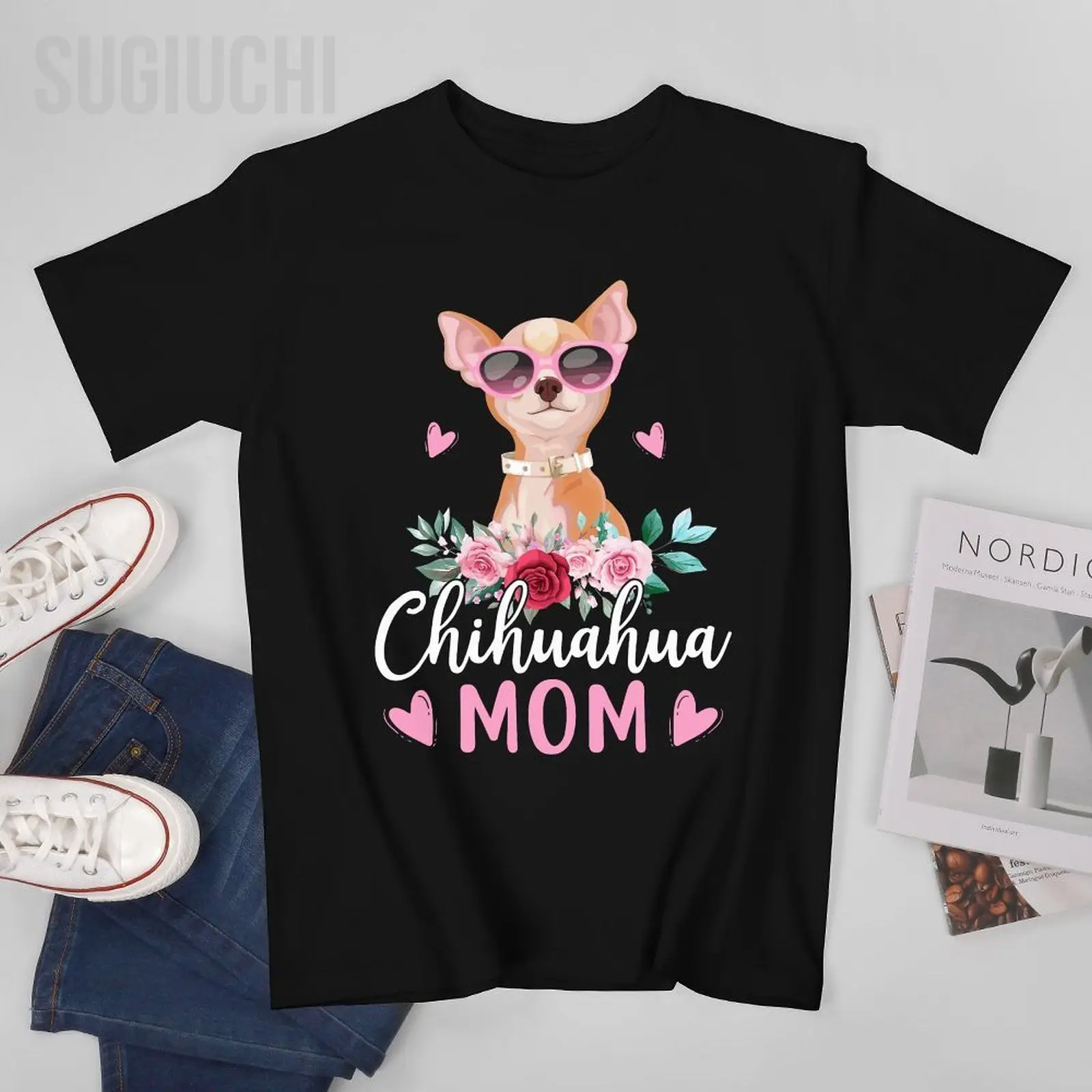 Unisex Men Cute Chihuahua Mom Sunglasses Flower For Chihuahua Owner Tshirt Tees T Shirts Women Boys 100% Cotton T-Shirt