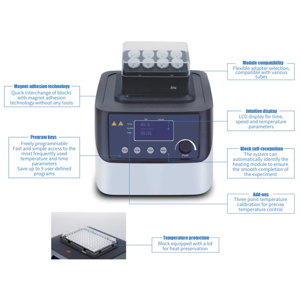 H100-Pro Dry Bath Incubator Aluminium LCD Display High Temperature Lab Heating Blocks for 0.5ml 5ml 15ml 50ml Cell PCRTemperatur
