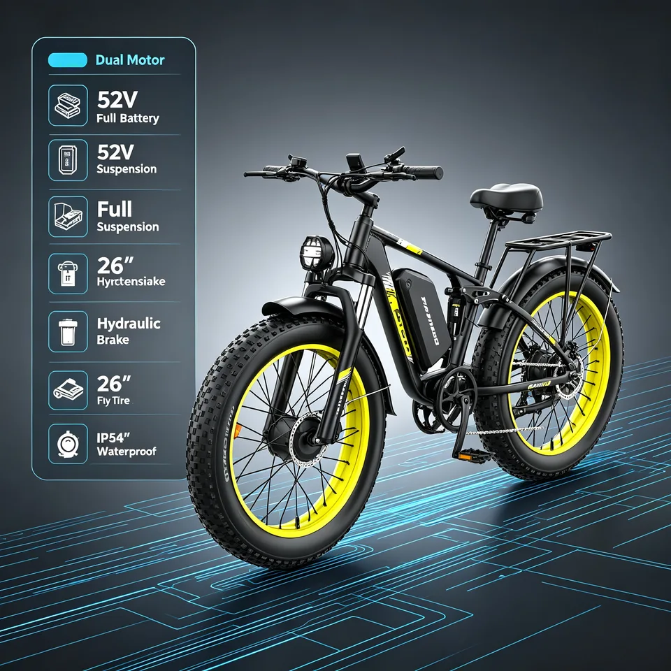 COASTA CT8 Yellow 26"×4.0 Fat Tire Electric Bike Dual Motor Full Suspension E‑Bicycle 3000W Peak 60V Removable Battery Hydraulic Disc Brake Shimano 7‑Speed LCD Display LED Headlight Max Load 150KG For Snow Beach Mountain Off‑Road Riding image 6